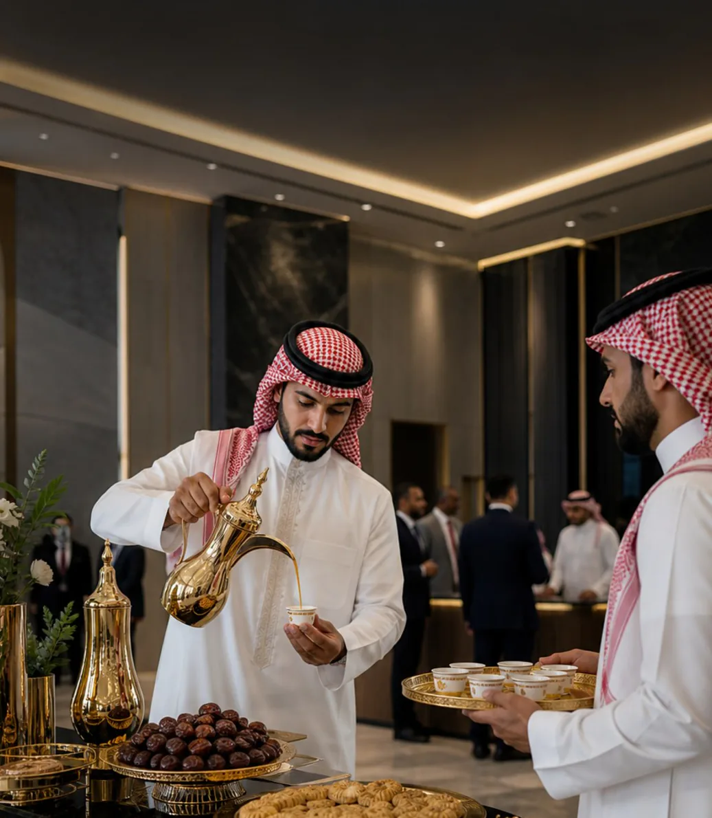 قهوجي بالثوب والشماغ يصبّ القهوة من دلة ذهبية في ركن ضيافة فخم مع أطباق تمر ومعمول