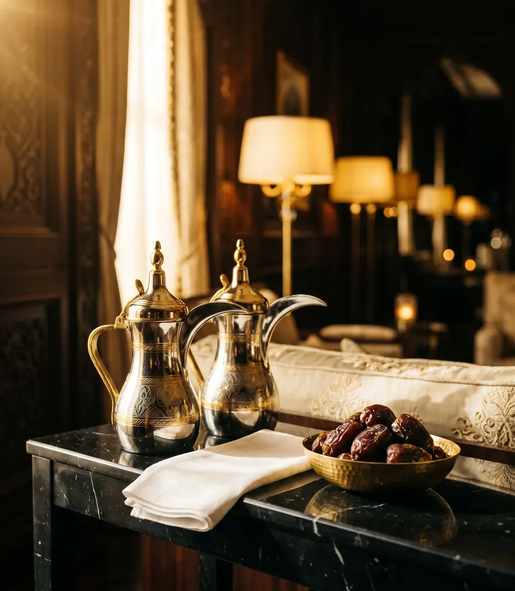دلّتان مزخرفتان بنقوش ذهبية ومنديل كتّان ووعاء تمر ذهبي على كونسول رخام أسود داخل مجلس مضاء